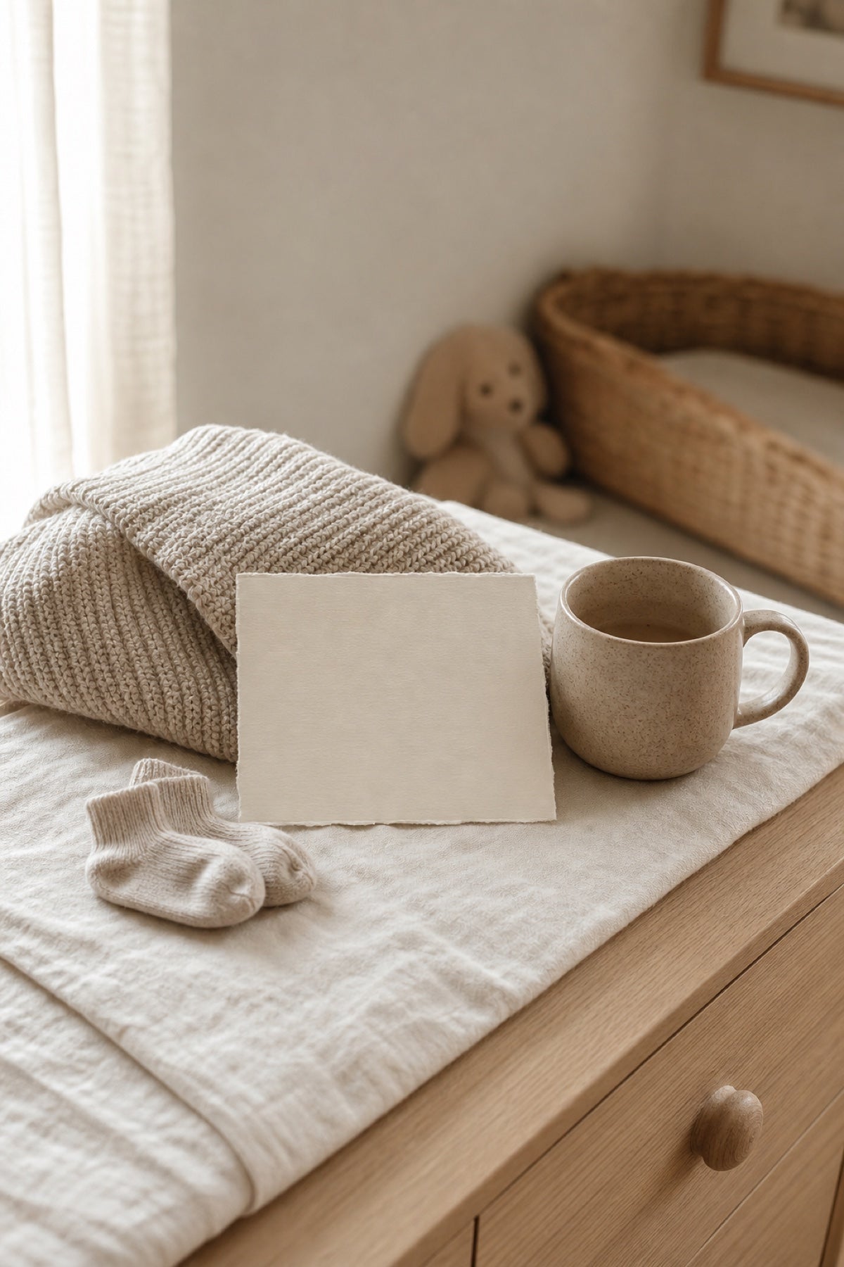 A neutral baby blanket, tiny socks, and ceramic mug in a quiet nursery